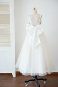 Spaghetti Straps Ivory Lace Champagne Tulle Wedding Flower Girl Dress