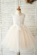 Spaghetti Straps Ivory Lace Peach Tulle V Neck Wedding Flower Girl Dress