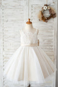 Spaghetti Straps Ivory Lace Tulle Wedding Flower Girl Dress, Champagne Lining