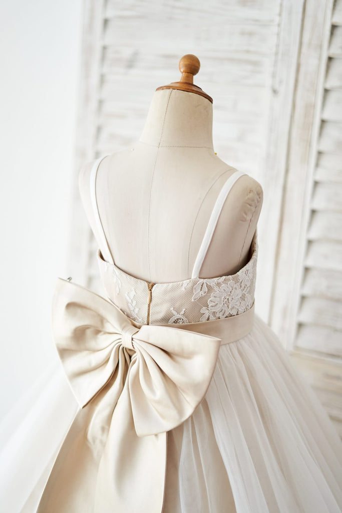 Spaghetti Straps Ivory Lace Tulle Wedding Flower Girl Dress 