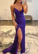 Spaghetti Straps V Neck Slit Long Purple Sequin Sheath Prom Dress