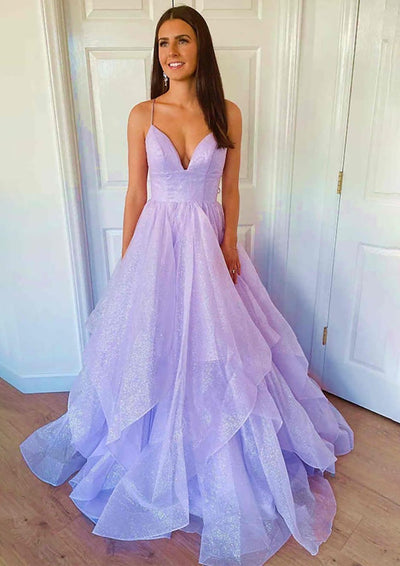 Gorgeous V Neck Beaded Purple Lace Floral Long Prom Dresses, Purple La —  Bridelily