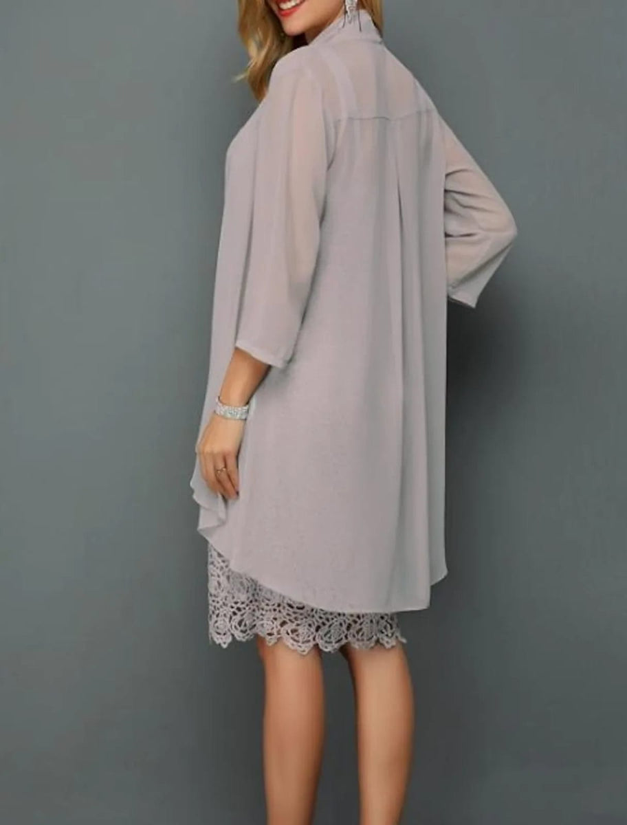 Sheath / Column Square Neck Knee Length Satin Lace Short Sleeve Mother Of The Bride Dress With Pleats Appliques main image 0