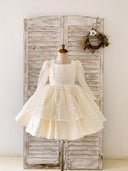 Square Neck Long Sleeves Crystal Beaded Wedding Flower Girl Dress, Horsehair Hem