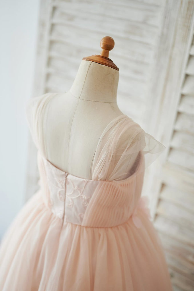 Strap Blush Pink Lace Tulle Wedding Flower Girl Dress with 