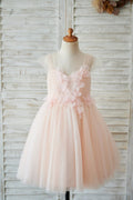 Strap Peach Lace Tulle Wedding Flower Girl Dress, Beading