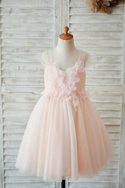 Strap Blush Pink Lace Tulle Wedding Flower Girl Dress with 
