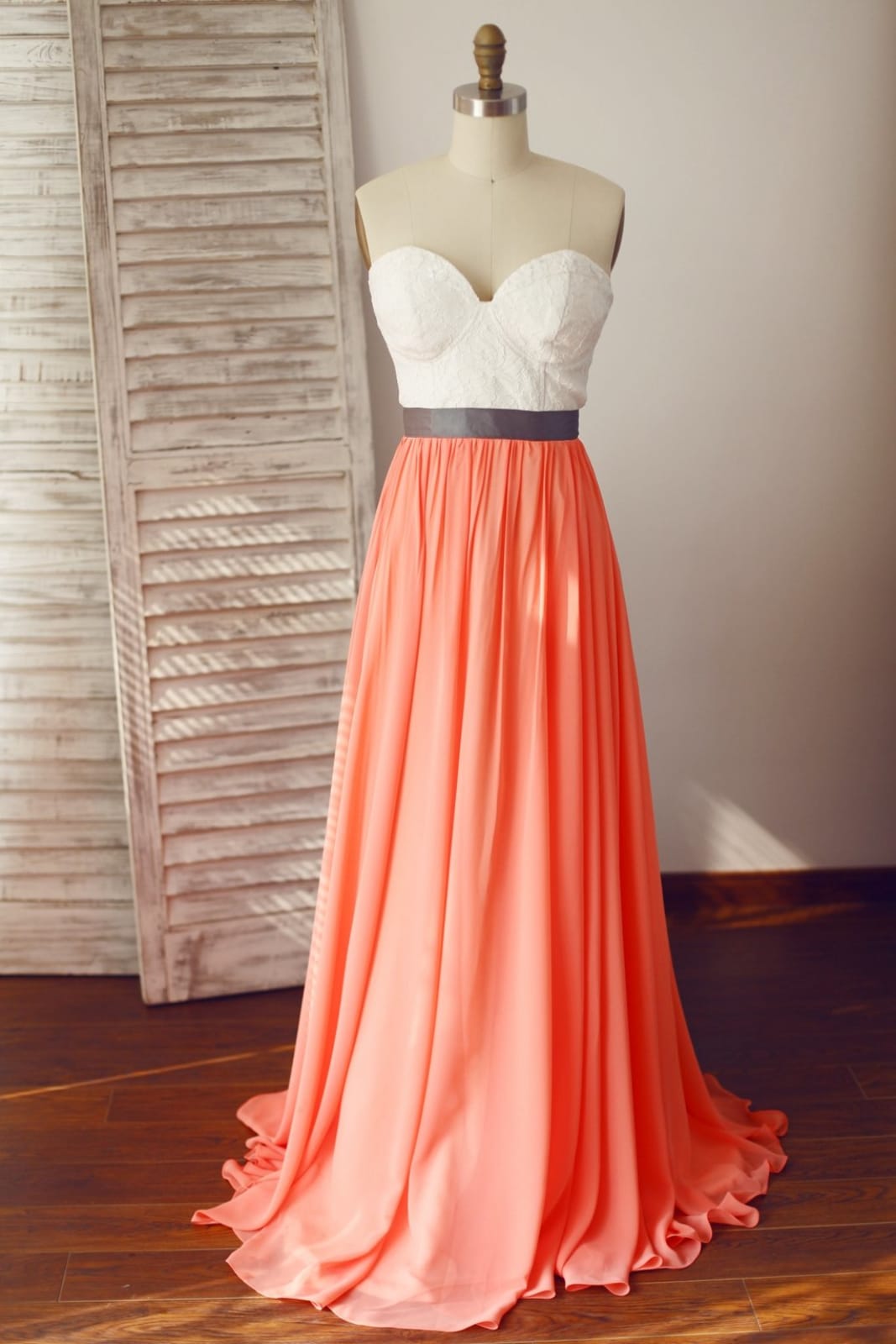 Strapless Ivory Lace Coral Chiffon Wedding Bridesmaid Dress, Sweep Train 8