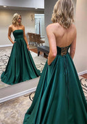 Strapless A-line Lace-up Sweep Train Satin Formal Evening Dress Prom Gown, Pockets