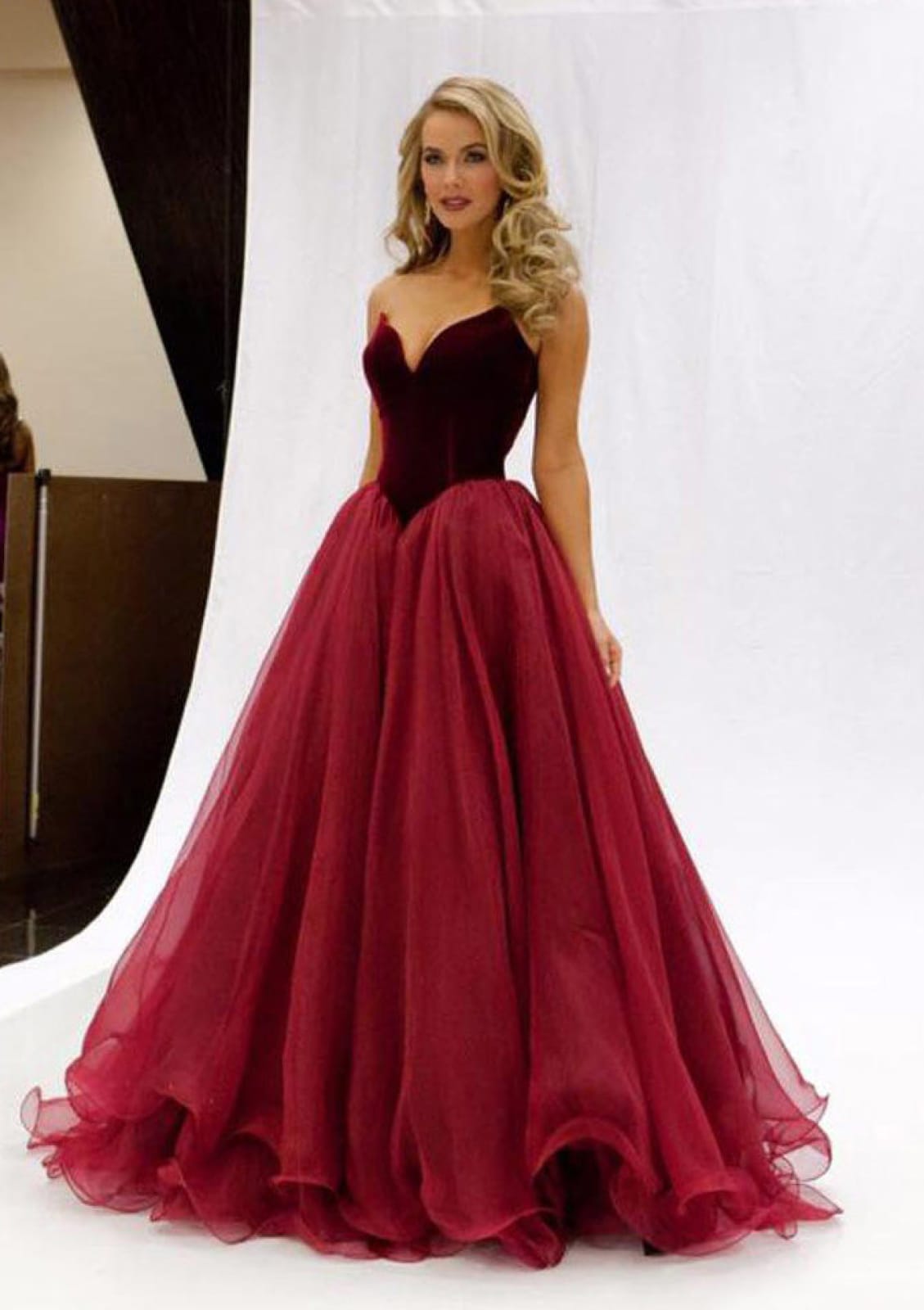 Strapless Organza Velvet Burgundy/Crimson Party Gown Pageant Prom Dres