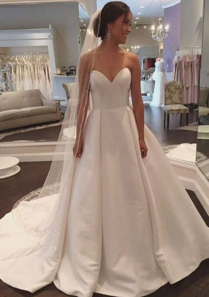 Strapless Sweetheart A-line Court Satin Bridal Gown Wedding Dress, Ple - Princessly Strapless Sweetheart A-line Court Satin Bridal Gown Wedding Dress, Ple - Princessly