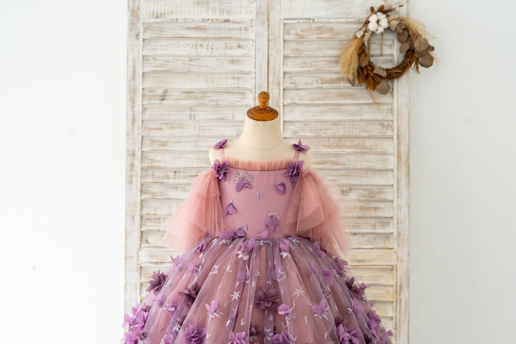 3D Purple Lace Flower Tulle Wedding Flower Girl Dress Kids 