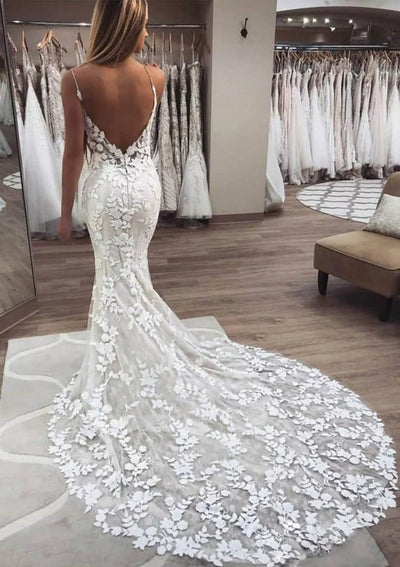 Spaghetti Straps Lace Appliqued Mermaid Bridal Gown Wedding 