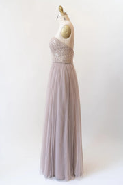 Sweetheart Grey Lace Tulle Long Strapless Bridesmaid Dress