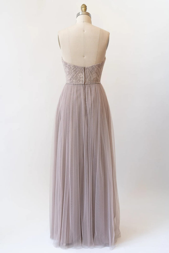 Sweetheart Grey Lace Tulle Long Strapless Bridesmaid Dress
