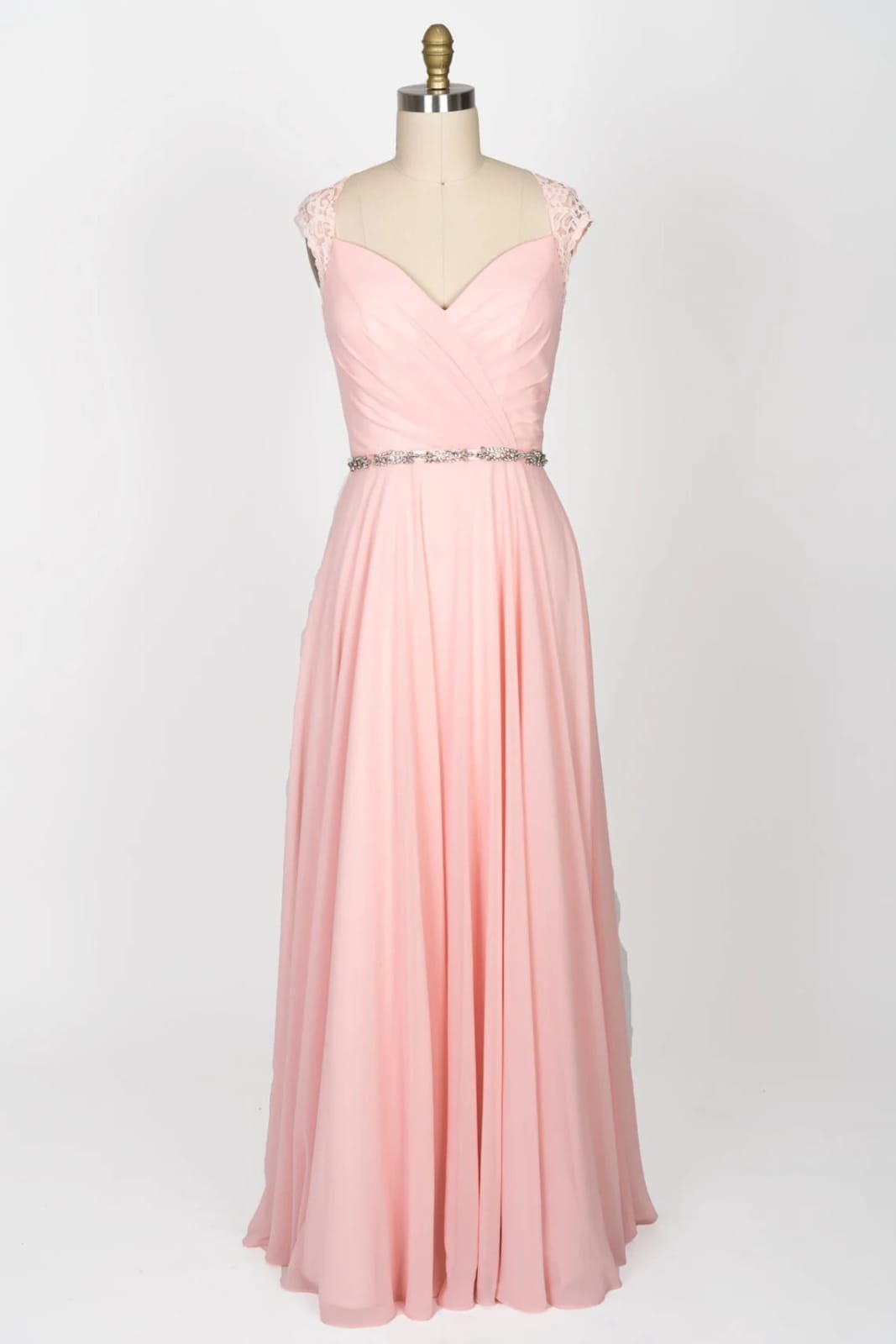 Sweetheart Lace Long Pink Chiffon Bridesmaid Dress, Beaded Belt Sweetheart Lace Long Pink Chiffon Bridesmaid Dress, Beaded Belt