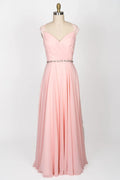 Sweetheart Lace Long Pink Chiffon Bridesmaid Dress, Beaded Belt