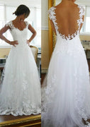 Sweetheart A-line Cap Sleeve Backless Lace Tulle Wedding Dress