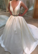 Taffeta Ball Gown Sleeveless Plunging Open Back Wedding Dress, Beaded Belt