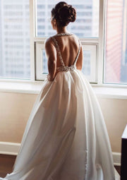 Taffeta Ball Gown Sleeveless V Neck Open Back Bridal Dress 