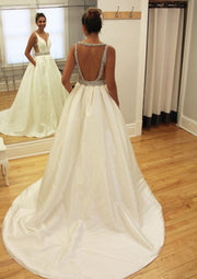 Taffeta Ball Gown Sleeveless V Neck Open Back Bridal Dress 