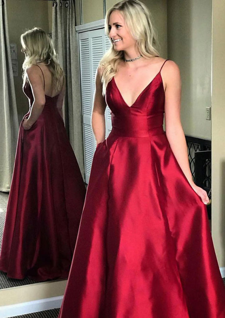 Thin Strap A-line Plunging Sleeveless Long Red Satin Evening