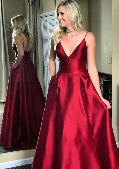 Thin Strap A-line Plunging Sleeveless Long Red Satin Evening
