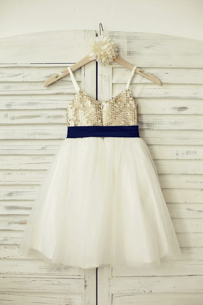 Thin Straps Champagne Sequin Tulle Flower Girl Dress with 