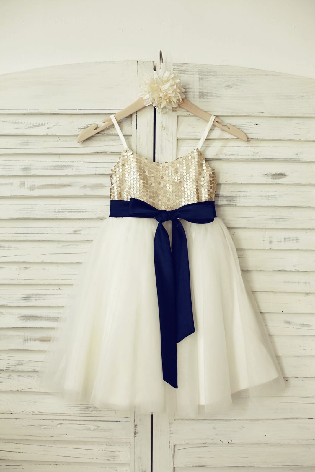 white christmas dresses Thin Straps Champagne Sequin Tulle Flower Girl Dress, Navy Blue Belt 6T