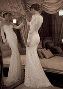 Trumpet Bateau Long Sleeve Button Sweep Fitted Lace Wedding Dress