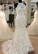 Trumpet Jewel Neck Sleeveless Sweep Ivory Lace Wedding Dress