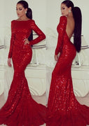 Trumpet Long Sleeve Bateau Backless Court Train Sequined Prom Party Evening Gown
