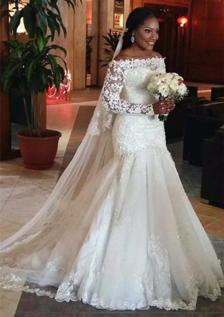 Trumpet Off Shoulder Long Sleeve Lace Bridal Gown Wedding Dress