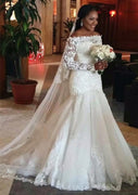 Кружевное свадебное платье с открытыми плечами и длинными рукавами, свадебное платье
