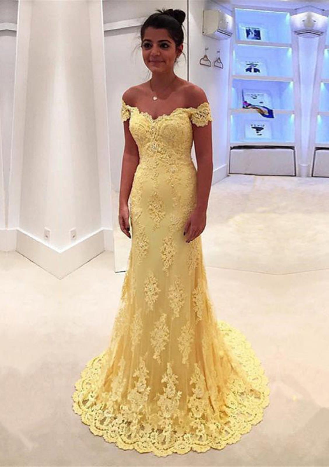 Trumpet Off Shoulder Scalloped Sweetheart Sweep Yellow Lace Prom Dress Trumpet Off Shoulder Scalloped Sweetheart Sweep Yellow Lace Prom Dress