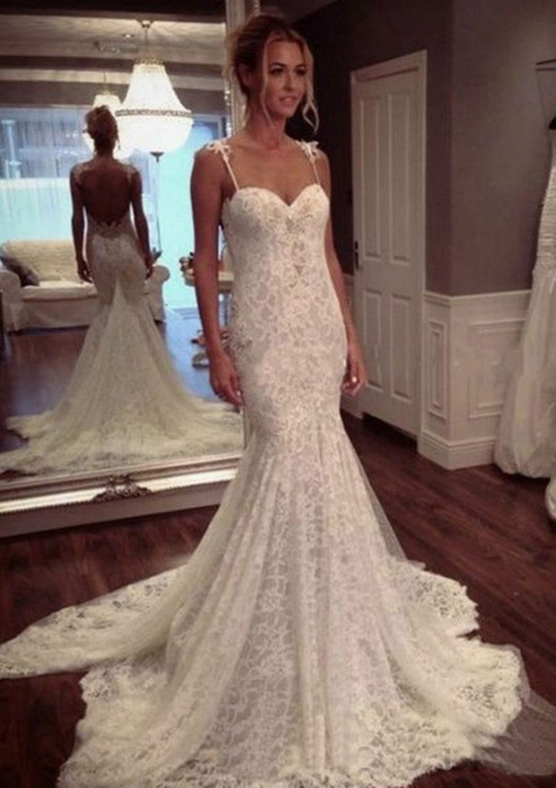 Trumpet Straps Sweetheart Court Train Lace Bridal Wedding Dress Trumpet Straps Sweetheart Court Train Lace Bridal Wedding Dress