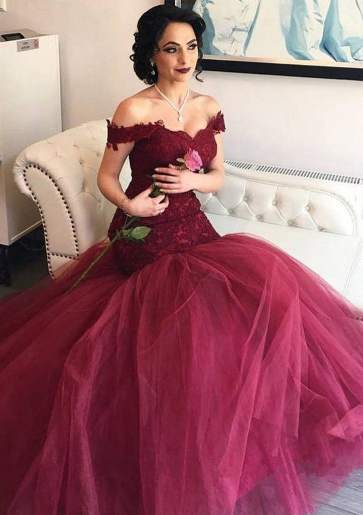 Burgundy Off Shoulder Tulle Different Bridesmaid Dresses Long, BD87 –  Simidress