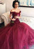 Tüll Prom Kleid Burgund Trompete Schwitzen Angebot Schulter, Spitze