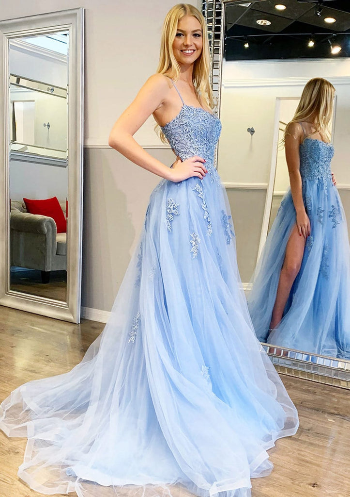 Tulle Prom Dress A-line Sky Blue Lace-up Sweep Sleeveless Split Lace -  Princessly