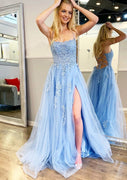 Tulle Prom Dress A linea Sky Blue Lace-up Sweep senza maniche Spalato pizzo