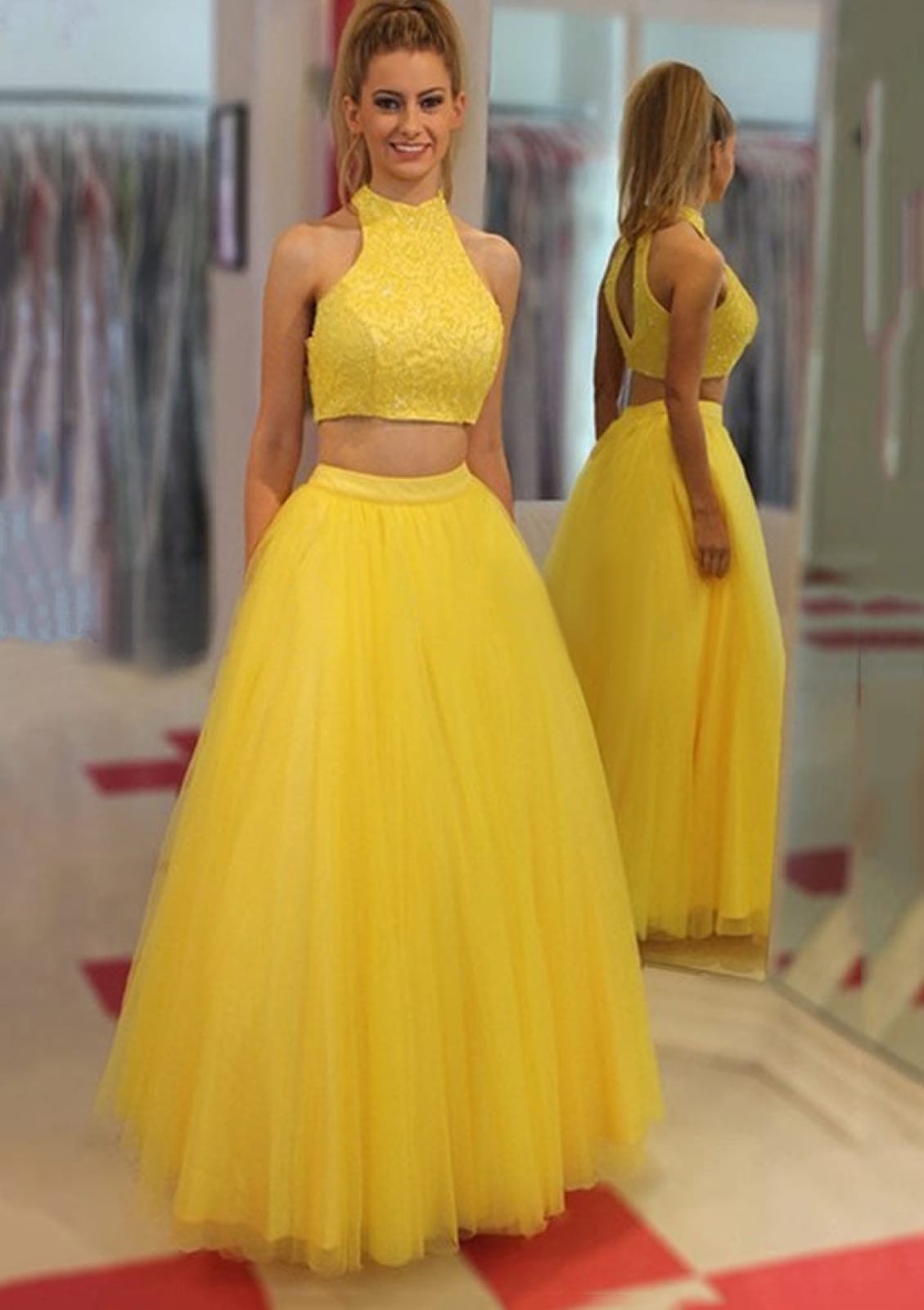 Tulle Prom Gown Yellow Princess High Neck Floor-Length Lace 2 Piece Set Dress Tulle Prom Gown Yellow Princess High Neck Floor-Length Lace 2 Piece Set Dress