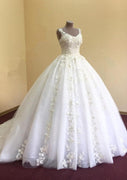 Тюлевое свадебное платье Бальное платье с овальным вырезом и шлейфом часовни, аппликация