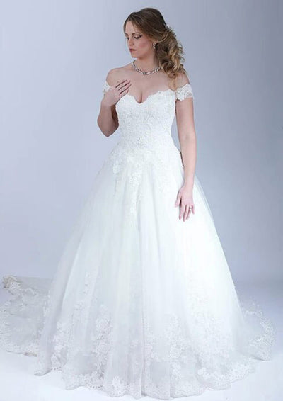 Tulle Wedding Dress Ball Gown Off Shoulder Court Train Lace 