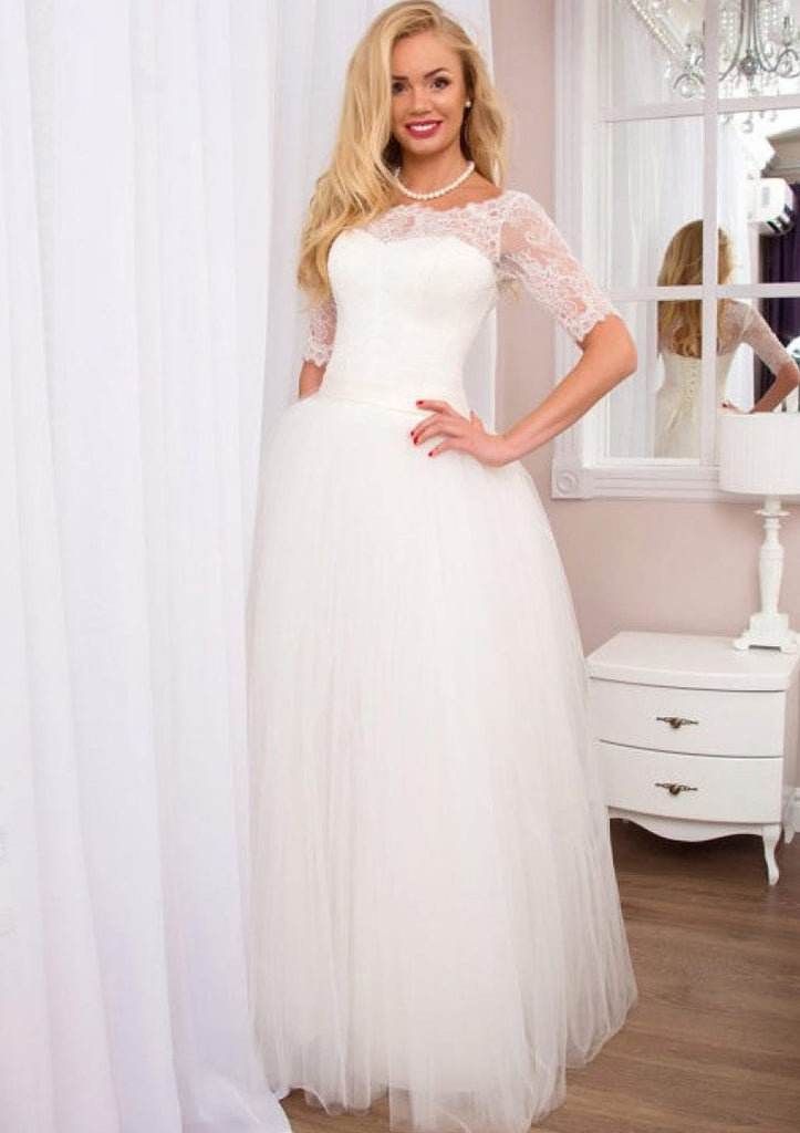 Tulle Wedding Dress Half Sleeve Bateau Keyhole Back Lace - 