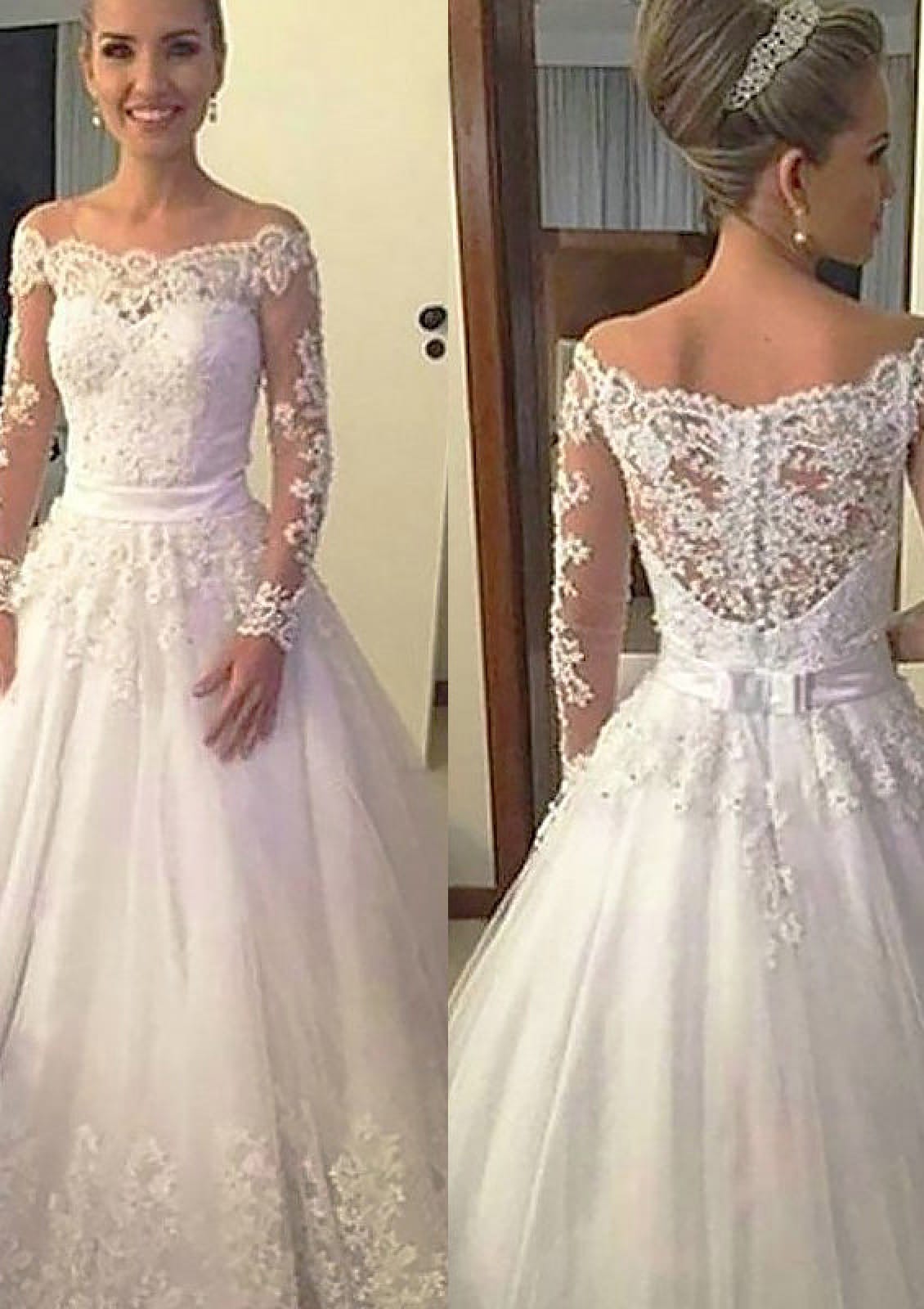 Vestido de noiva de tule linha A ombro caído Ilusão, renda frisada