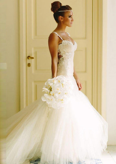 Tulle Wedding Dress Trumpet Backless Strap Sweetheart Lace -