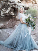 Robe de soirée de mariage à manches courtes en tulle bleu poussiéreux en dentelle ivoire deux pièces