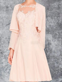 Zweiteiliges Kleid für die Brautmutter in A-Linie, Bateau, knielang, aus Chiffon, in Wickeloptik
