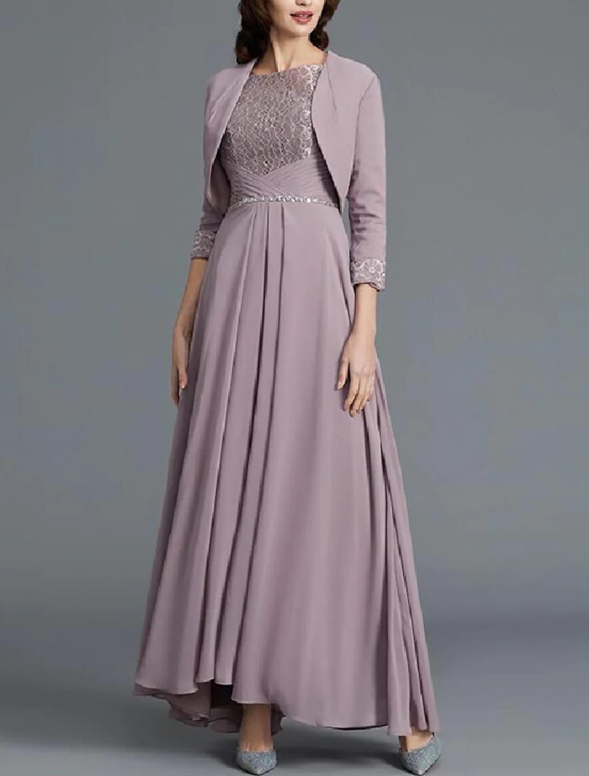 Two Piece A-Line Bateau Neck Lace Chiffon Ankle Length Mother of Bride
