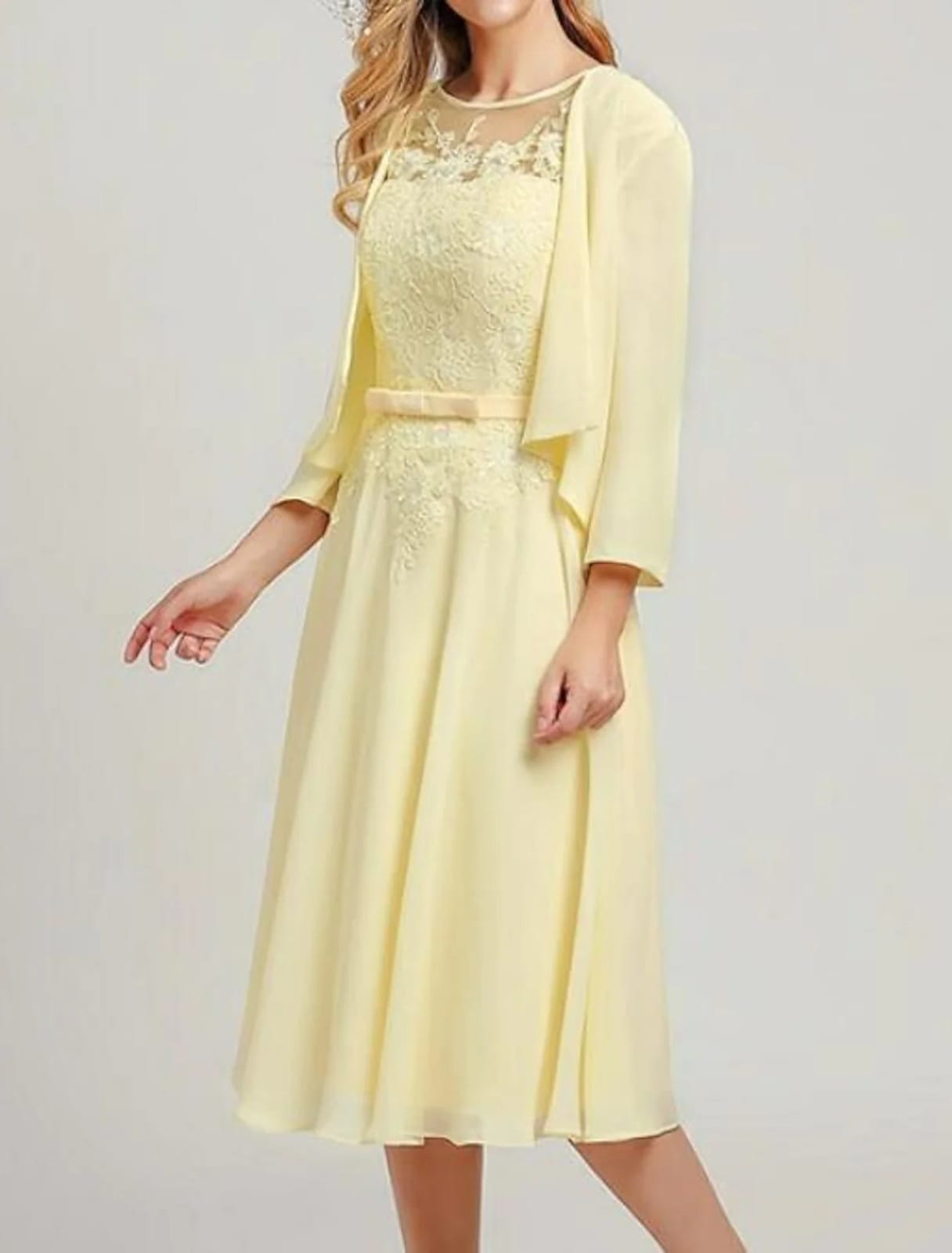 Two Piece A-line Scoop Neck Midi Chiffon Sleeveless Mother of Bride Dress, Wrap